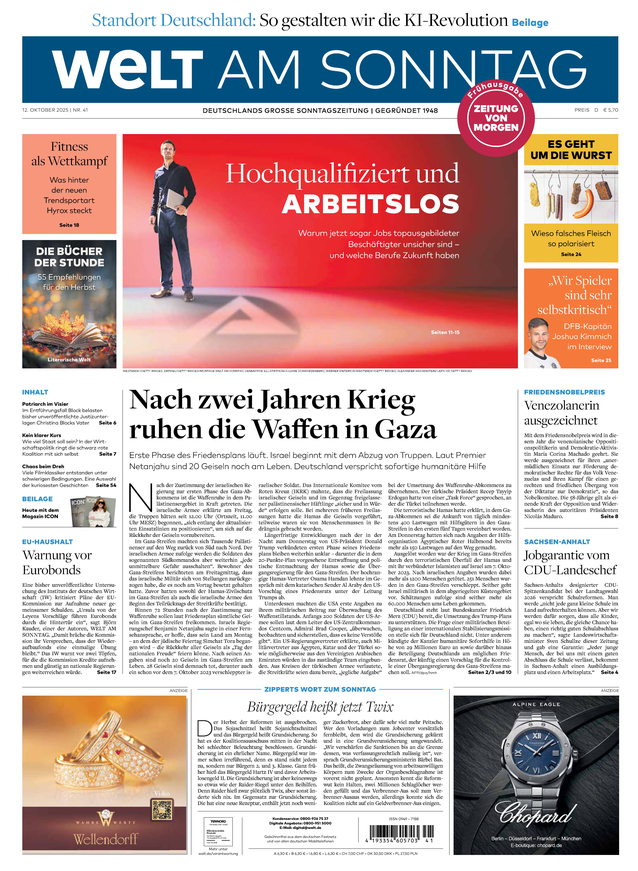 WELT AM SONNTAG Frühausgabe am Samstag