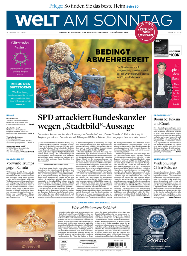 WELT AM SONNTAG Frühausgabe am Samstag