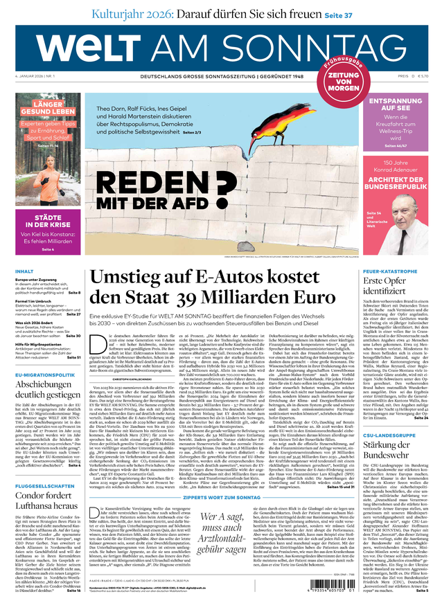 WELT AM SONNTAG Frühausgabe am Samstag