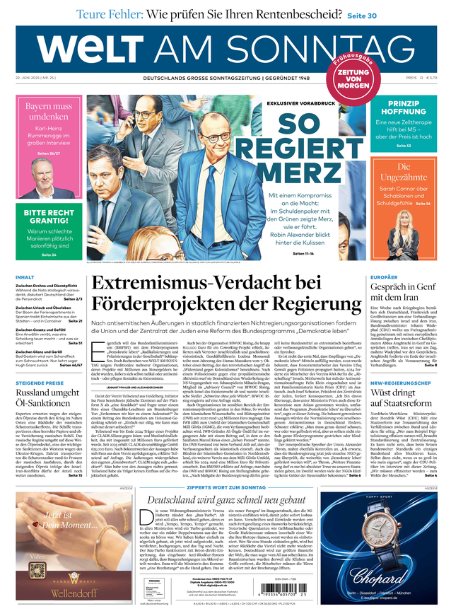 WELT AM SONNTAG Frühausgabe am Samstag