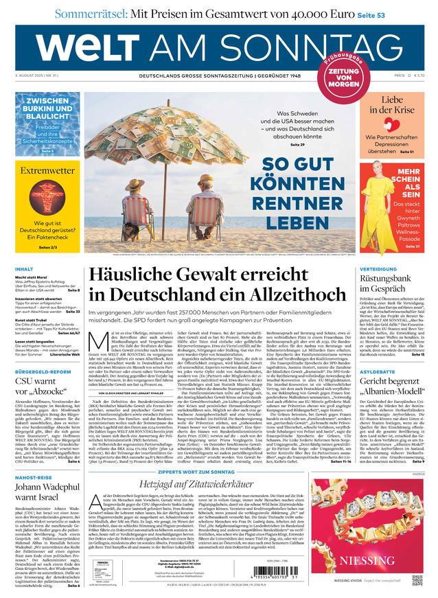 WELT AM SONNTAG Frühausgabe am Samstag