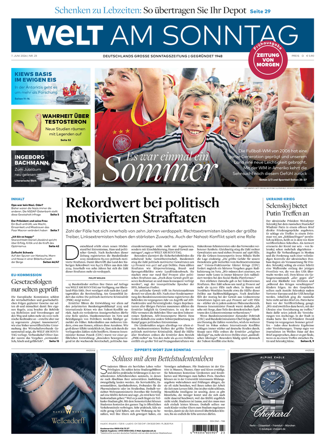 WELT AM SONNTAG Frühausgabe am Samstag