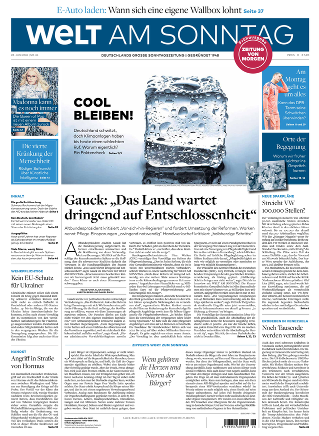 WELT AM SONNTAG Frühausgabe am Samstag