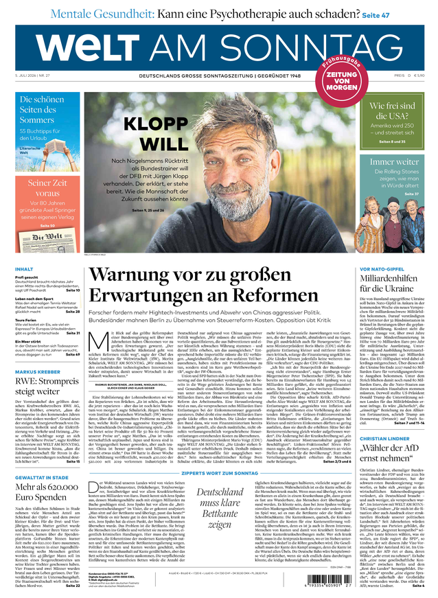 WELT AM SONNTAG Frühausgabe am Samstag
